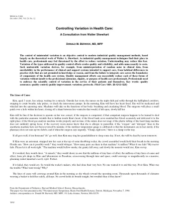 Controlling Variation in Health Care:  A Consultation from Walter Shewhart D ONALD M. B ERWICK ,