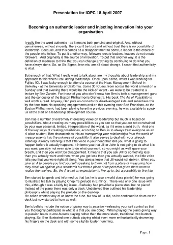 Presentation for IQPC 18 April 2007  Becoming an authentic leader and injecting innovation into