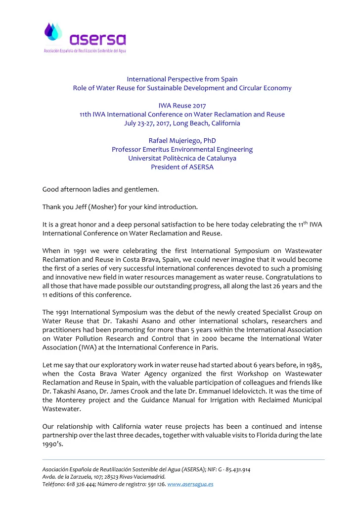 international perspective from spain role of water reuse