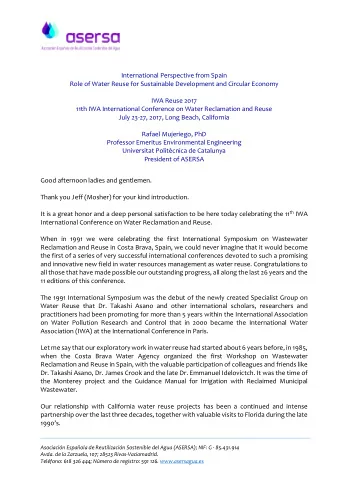 International Perspective from Spain  Role of Water Reuse for Sustainable Development and Circular