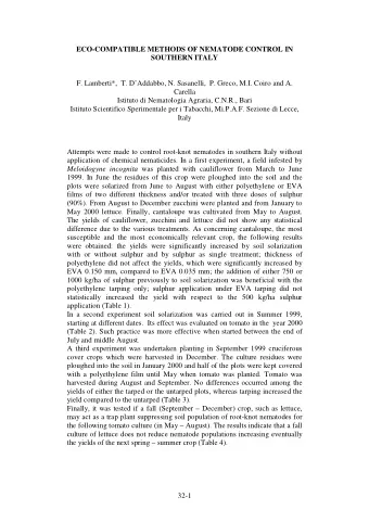 ECO-COMPATIBLE METHODS OF NEMATODE CONTROL IN  SOUTHERN ITALY  F. Lamberti*,  T. DAddabbo, N.
