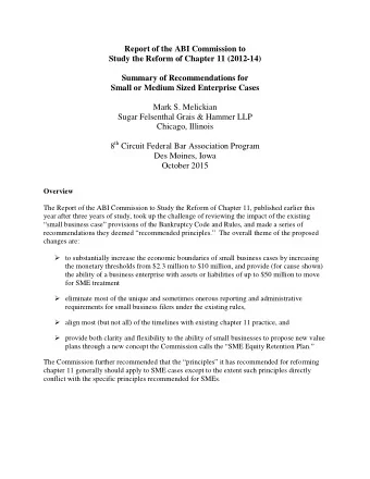 Report of the ABI Commission to  Study the Reform of Chapter 11 (2012-14)  Summary of