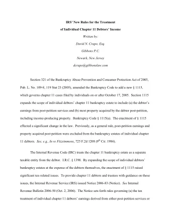 IRS New Rules for the Treatment  of Individual Chapter 11 Debtors Income  Written by:  David