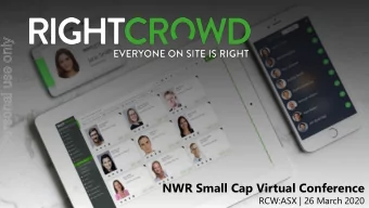 For personal use only  NWR Small Cap Virtual Conference  RCW:ASX | 26 March 2020  Agenda  For