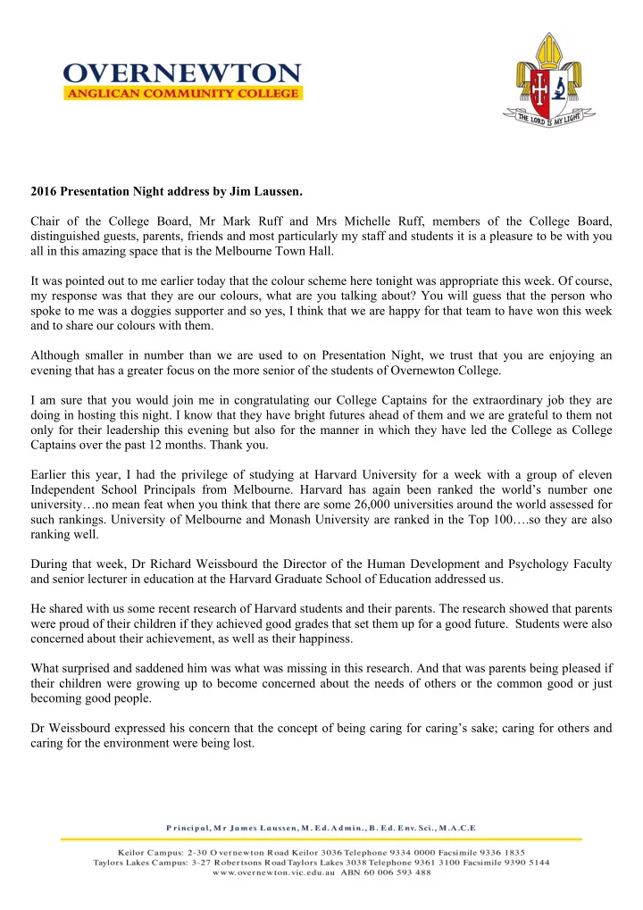 2016 presentation night address by jim laussen chair of