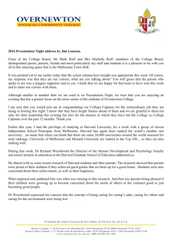 2016 Presentation Night address by Jim Laussen.  Chair of the College Board, Mr Mark Ruff and Mrs