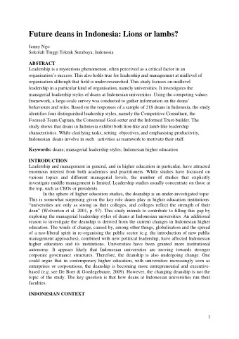 Future deans in Indonesia: Lions or lambs?  Jenny Ngo  Sekolah Tinggi Teknik Surabaya, Indonesia