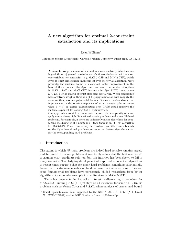 a new algorithm for optimal 2 constraint satisfaction and