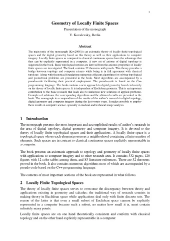 Geometry of Locally Finite Spaces  Presentation of the monograph  V. Kovalevsky, Berlin  Abstract