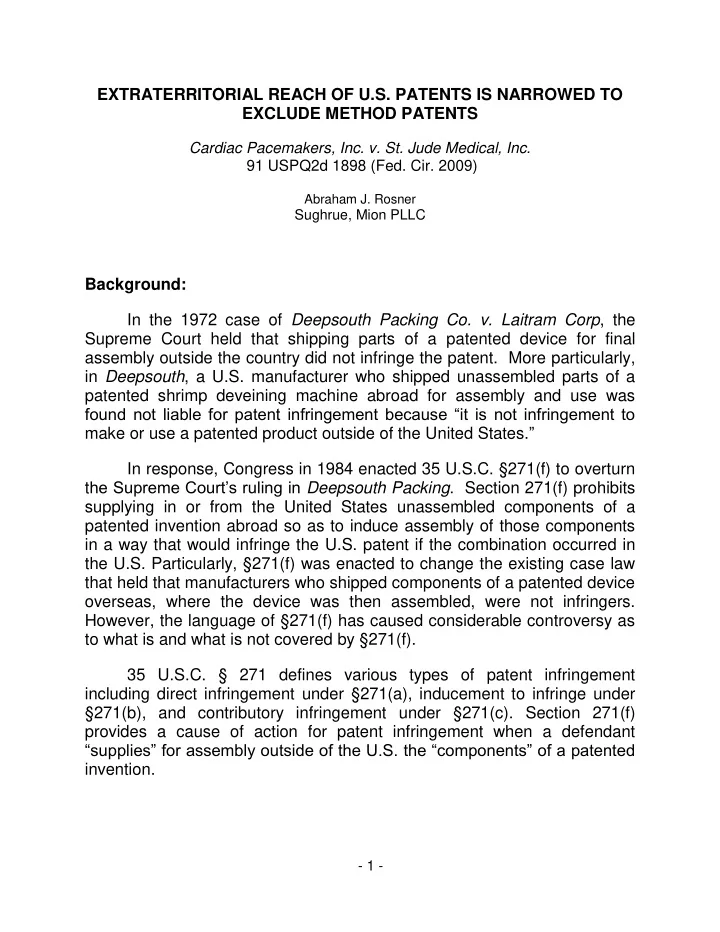 extraterritorial reach of u s patents is narrowed to