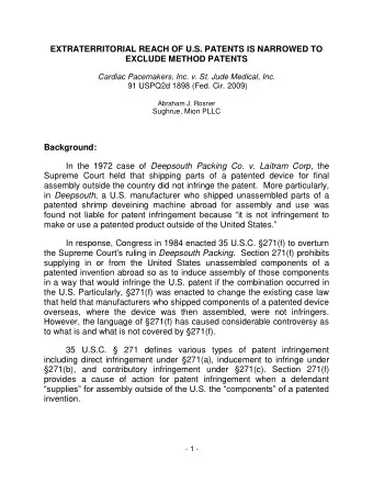 EXTRATERRITORIAL REACH OF U.S. PATENTS IS NARROWED TO  EXCLUDE METHOD PATENTS  Cardiac Pacemakers,