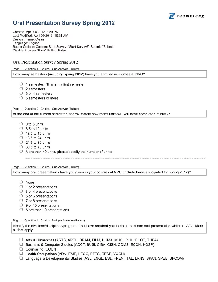 oral presentation survey spring 2012