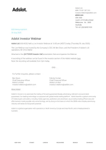 Melbourne   Vic   3000  Australia  Tel: +61 (0)3 8695 9100  ASX Announcement  30 July 2020  Adslo