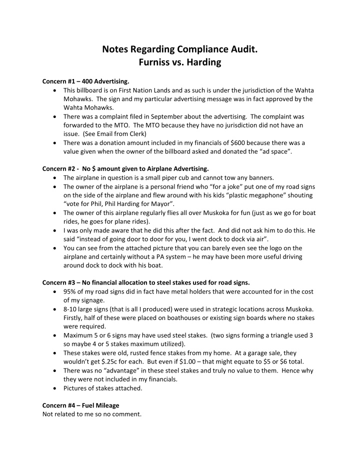 notes regarding compliance audit furniss vs harding