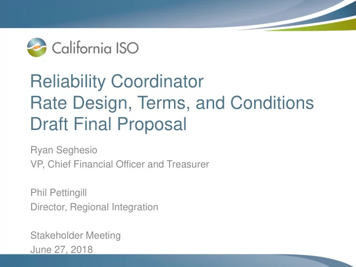 reliability coordinator rate design terms and conditions