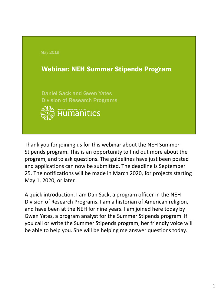 webinar neh summer stipends program