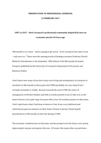 PRESENTATION TO PROFESSIONAL LIVERPOOL  22 FEBRUARY 2017 1987 to 2017  How Liverpools