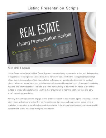 Listing Presentation Scripts Agent Scripts &amp; Dialogues Listing Presentation Script for Real