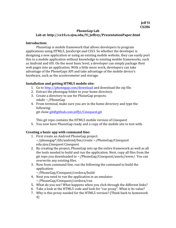 jeff yi cs286 phonegap lab lab at http cs10 cs sjsu edu