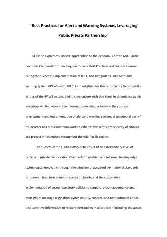 &quot;Best Practices for Alert and Warning Systems, Leveraging Public Private Partnership&quot;