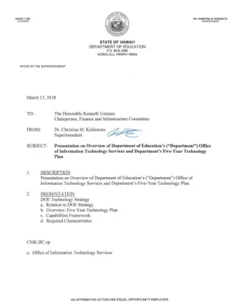 Dr. Cluistina M. Kishimoto ~  Superintendent  SUBJECT: Presentation on Overview of Department of