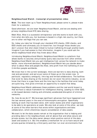 Neighbourhood W atch - transcript of presentation video Nick :  The next team up is Team