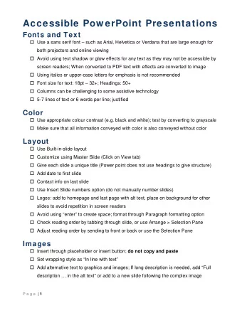 Accessible Pow erPoint Presentations  Fonts and Text  Use a sans serif font  such as Arial,