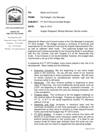 TO:  Mayor and Council FROM:  Kip Padgett, City Manager SUBJECT: FY 2013 Recommended Budget DATE: