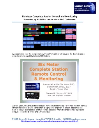 Six Meter Complete Station Control and Monitoring  Presented by W1SMS at the Six Meter BBQ