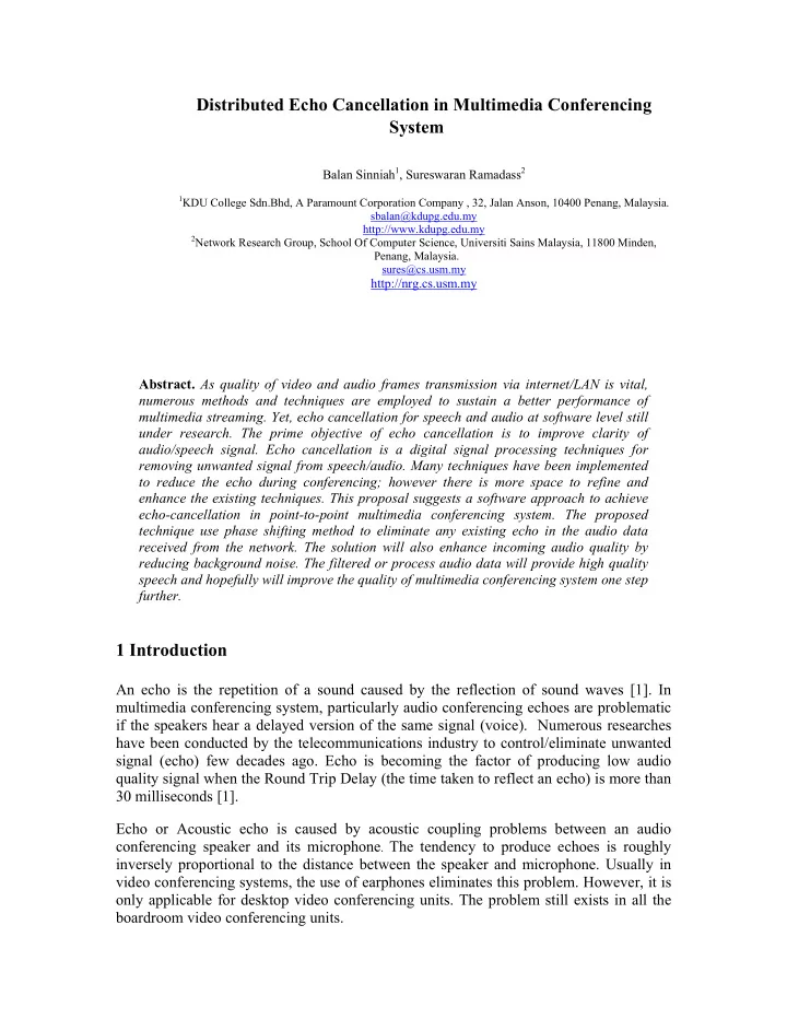 distributed echo cancellation in multimedia conferencing