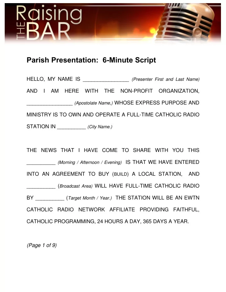parish presentation 6 minute script