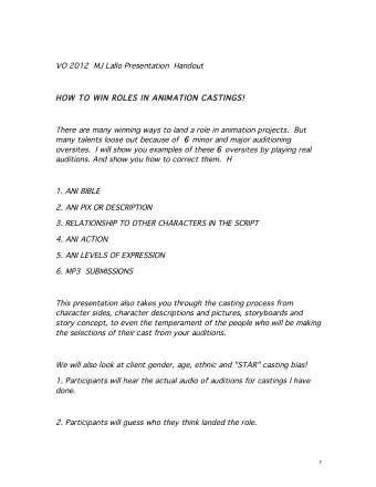 VO 2012  MJ Lallo Presentation  Handout  HO  HOW TO  TO W  WIN RO  IN ROLE  LES IN ANIMATIO  S IN