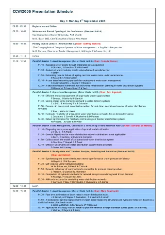 CCWI2005 Presentation Schedule Day 1: Monday 5 th September 2005  08:00  09:30  Registration and