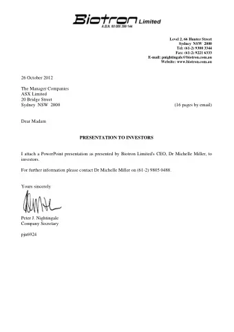 26 October 2012  The Manager Companies  ASX Limited  20 Bridge Street  Sydney  NSW  2000  (16 pages