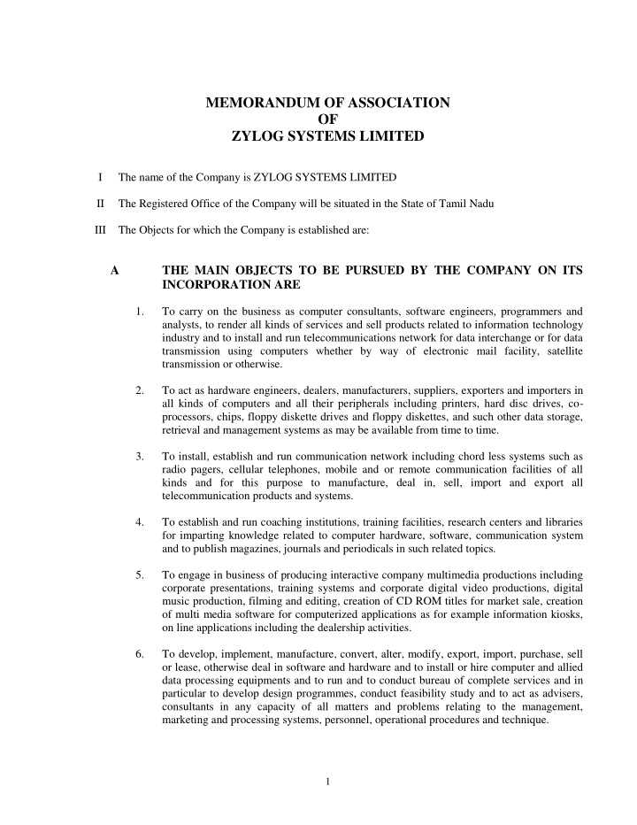 memorandum of association of zylog systems limited