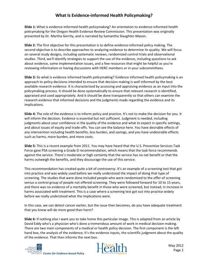 what is evidence informed health policymaking