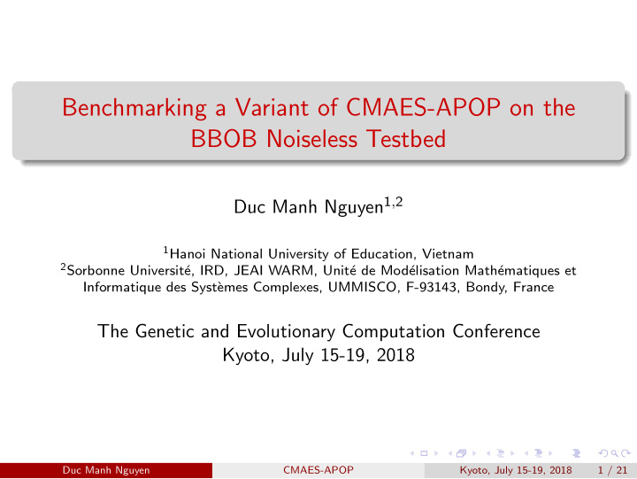 benchmarking a variant of cmaes apop on the bbob