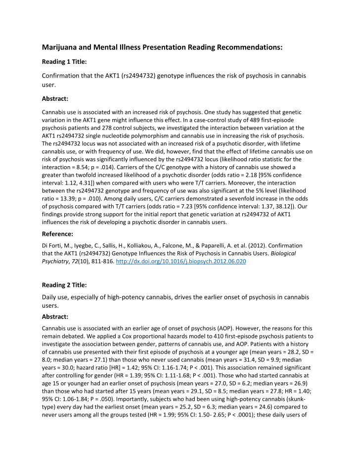 marijuana and mental illness presentation reading