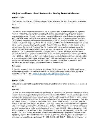 Marijuana and Mental Illness Presentation Reading Recommendations:  Reading 1 Title:  Confirmation