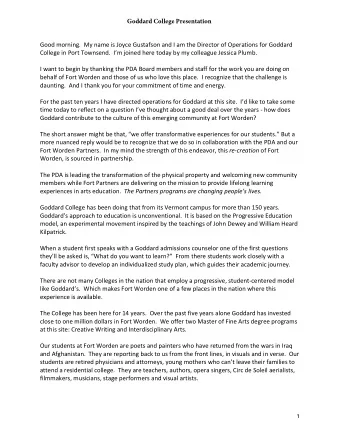 Goddard College Presentation  Good morning.  My name is Joyce Gustafson and I am the Director of