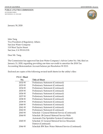January 30, 2020  John Tang  Vice President of Regulatory Affairs  San Jose Water Company  110 West
