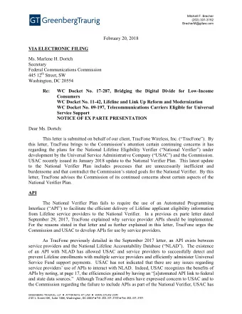 February 20, 2018  VIA ELECTRONIC FILING  Ms. Marlene H. Dortch  Secretary  Federal Communications