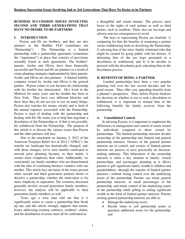 business succession issues involving 2nd or 3rd