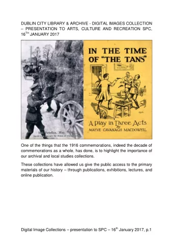 DUBLIN CITY LIBRARY &amp; ARCHIVE - DIGITAL IMAGES COLLECTION  PRESENTATION TO ARTS, CULTURE AND