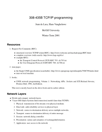 308-435B TCP/IP programming  Juan de Lara, Hans Vangheluwe  McGill University  Winter Term 2001