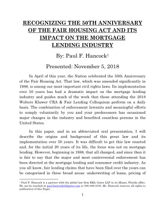 RECOGNIZING THE 50TH ANNIVERSARY  OF THE FAIR HOUSING ACT AND ITS  IMPACT ON THE MORTGAGE  LENDING