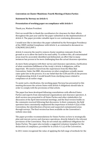 Convention on Cluster Munitions: Fourth Meeting of States Parties  Statement by Norway on Article