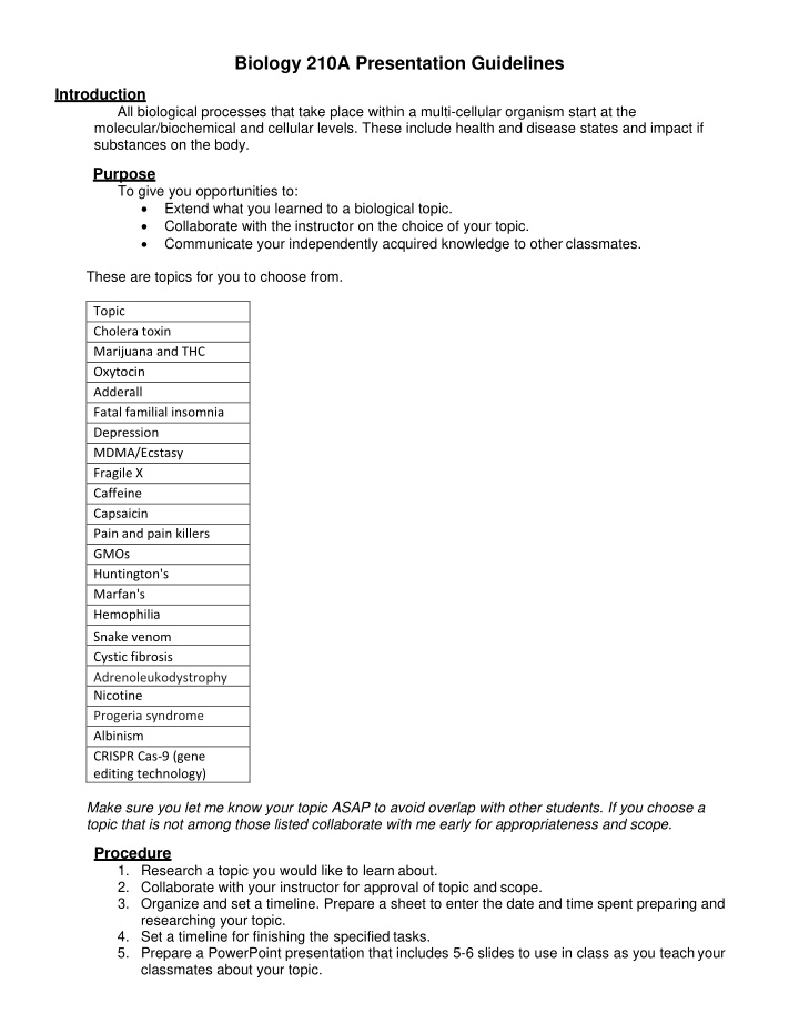 biology 210a presentation guidelines