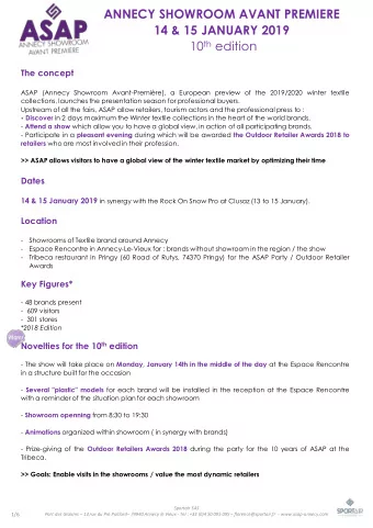 ANNECY SHOWROOM AVANT PREMIERE  14 &amp; 15 JANUARY 2019 10 th edition  The concept  ASAP (Annecy