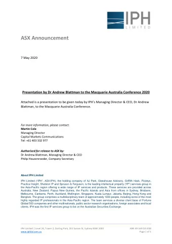 ASX Announcement  7 May 2020  Presentation by Dr Andrew Blattman to the Macquarie Australia